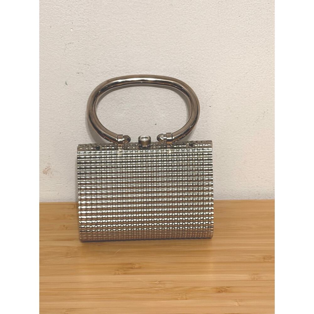 Inge Christopher Silver Box Clutch Evening Bag Minaudiere Chain Strap